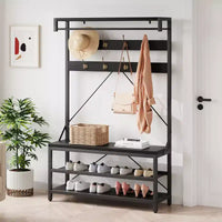Vestiaire industriel 40 avec banc et rangement à chaussures, portemanteau avec barre, crochets et étagère de rangement pour entrée et vestibule