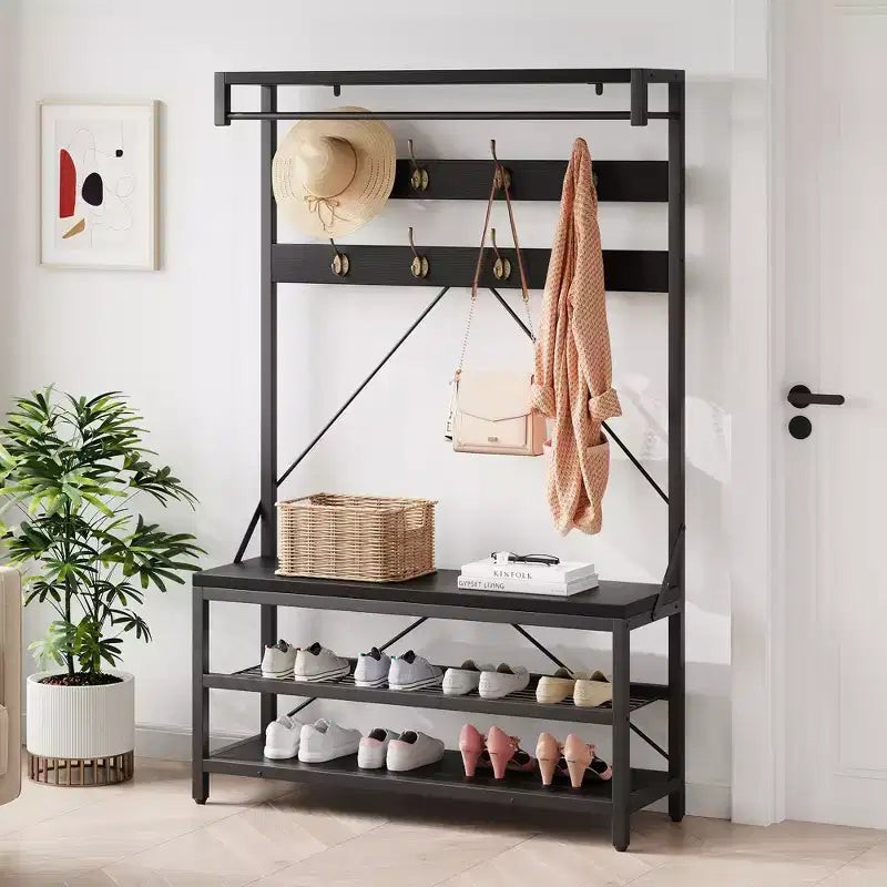 Vestiaire industriel 40 avec banc et rangement à chaussures, portemanteau avec barre, crochets et étagère de rangement pour entrée et vestibule