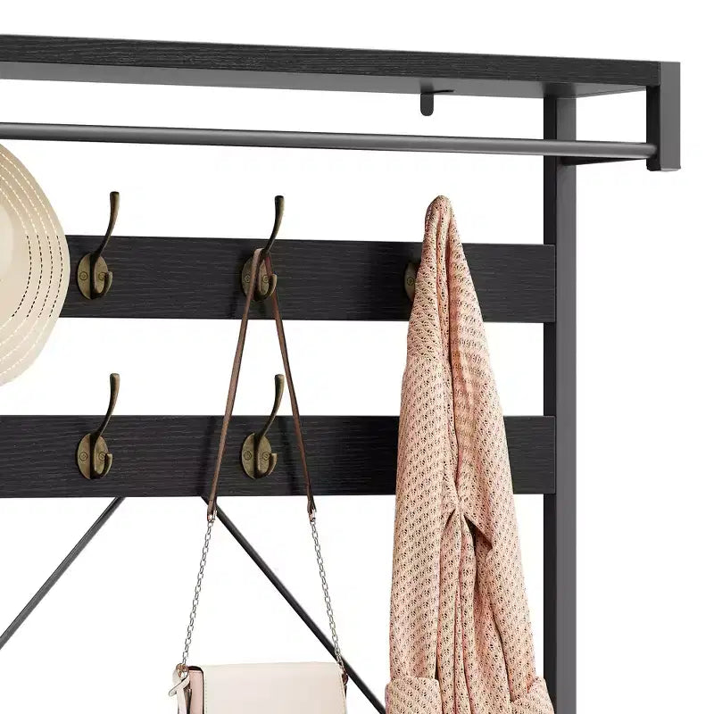 Vestiaire industriel 40 avec banc et rangement à chaussures, portemanteau avec barre, crochets et étagère de rangement pour entrée et vestibule