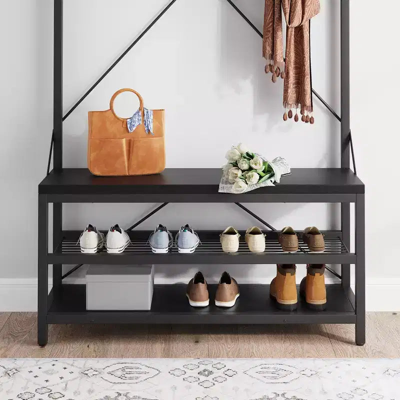 Vestiaire industriel 40 avec banc et rangement à chaussures, portemanteau avec barre, crochets et étagère de rangement pour entrée et vestibule
