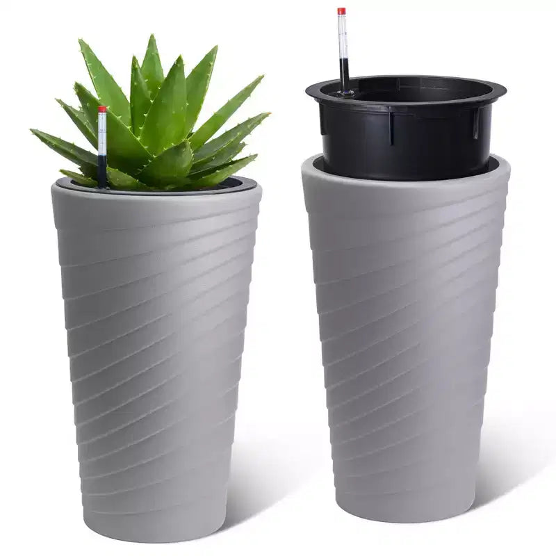 Jardinières hautes à arrosage automatique grises lot de 2, pots de fleurs 23 avec indicateur de niveau d'eau, trous de drainage pour usage intérieur et extérieur