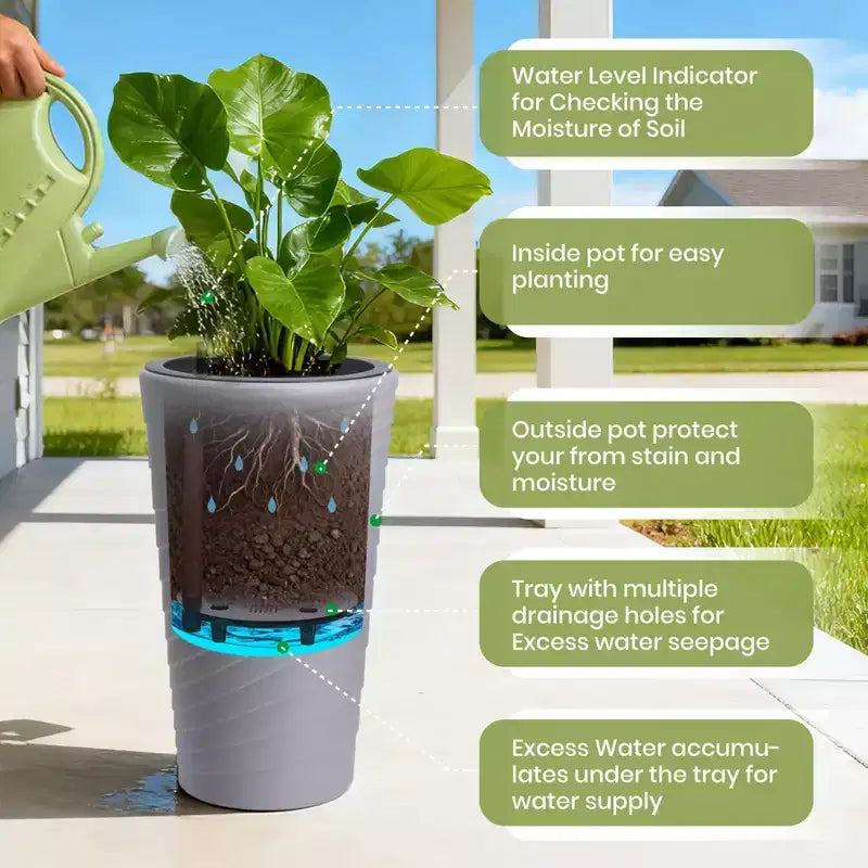 Jardinières hautes à arrosage automatique grises lot de 2, pots de fleurs 23 avec indicateur de niveau d'eau, trous de drainage pour usage intérieur et extérieur