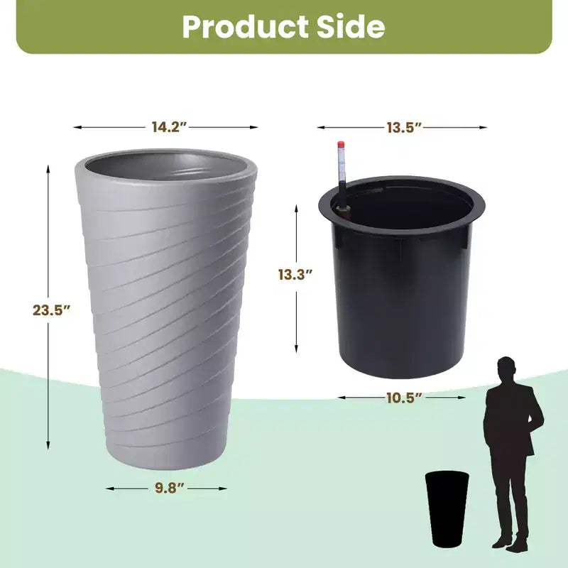 Lot de 2 jardinières hautes grises auto-arrosantes 23 pots de fleurs avec indicateur de niveau d'eau et trous de drainage pour usage intérieur et extérieur