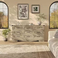 Commode à 9 tiroirs pour chambre à coucher, commode haute en bois de style ferme de 59 pouces, commode longue moderne, meuble de rangement en bois avec poignées pour salon