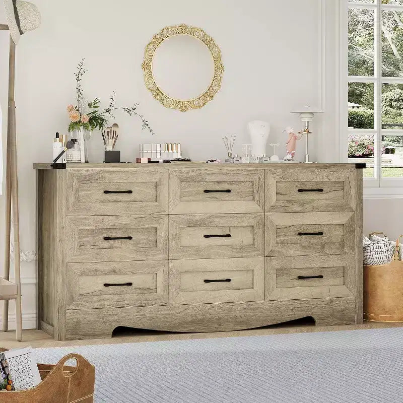 Commode à 9 tiroirs pour chambre à coucher, commode haute en bois de style ferme de 59 pouces, commode longue moderne, meuble de rangement en bois avec poignées pour salon