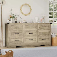Commode à 9 tiroirs pour chambre à coucher, commode haute en bois de style ferme de 59 pouces, commode longue moderne, meuble de rangement en bois avec poignées pour salon