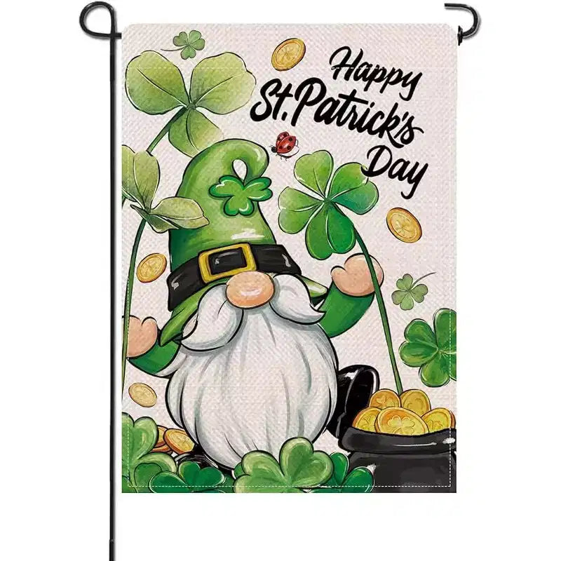 Lomsoe Happy St Patricks Day Drapeau de jardin gnome, drapeau de cour trèfle, décor extérieur de cour de ferme, cadeau de la Saint-Patrick, simple face 12x18 pouces