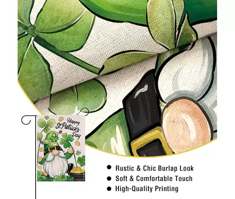 Lomsoe Happy St Patricks Day Drapeau de jardin gnome, drapeau de cour trèfle, décor extérieur de cour de ferme, cadeau de la Saint-Patrick, simple face 12x18 pouces