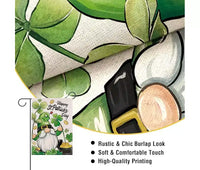 Lomsoe Happy St Patricks Day Drapeau de jardin gnome, drapeau de cour trèfle, décor extérieur de cour de ferme, cadeau de la Saint-Patrick, simple face 12x18 pouces