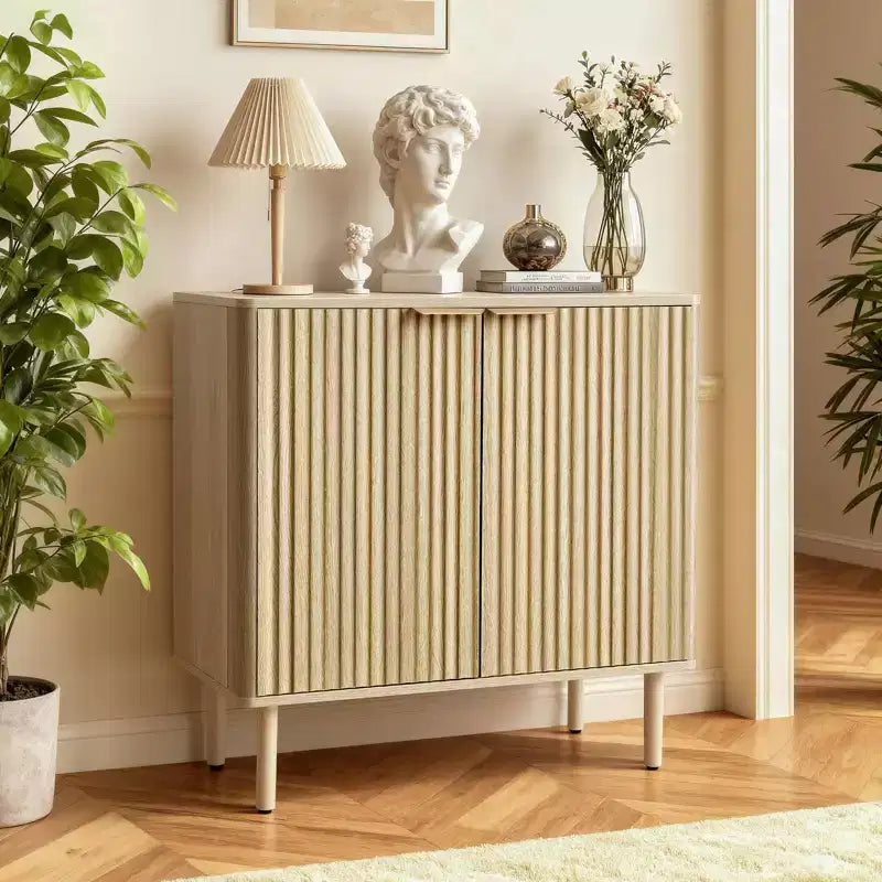 VEVOR meuble de bar à café, table de bar à café cannelée mid-century avec rangement à 2 niveaux, buffet avec 2 portes de grange, 31,5 x 14,7 x 31,5 in, chêne