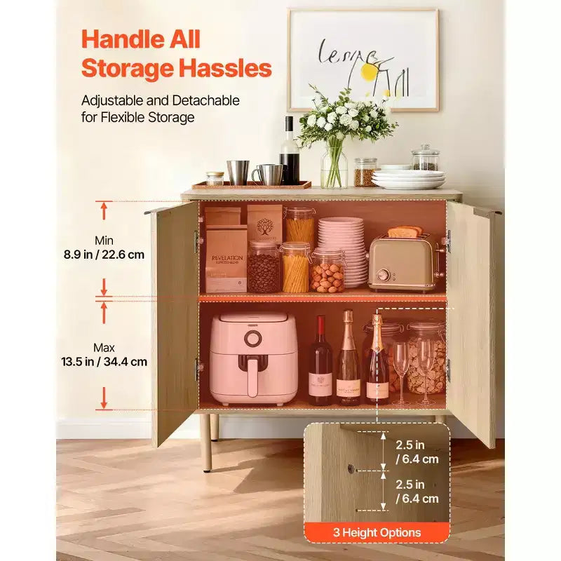 VEVOR meuble de bar à café, table de bar à café cannelée mid-century avec rangement à 2 niveaux, buffet avec 2 portes de grange, 31,5 x 14,7 x 31,5 in, chêne
