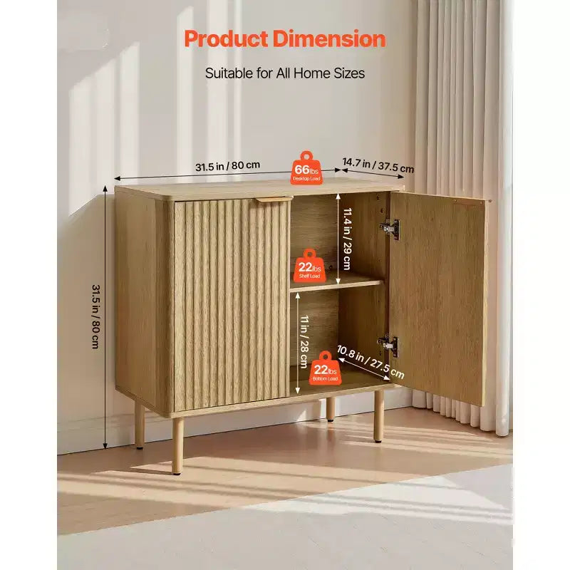 VEVOR meuble de bar à café, table de bar à café cannelée mid-century avec rangement à 2 niveaux, buffet avec 2 portes de grange, 31,5 x 14,7 x 31,5 in, chêne