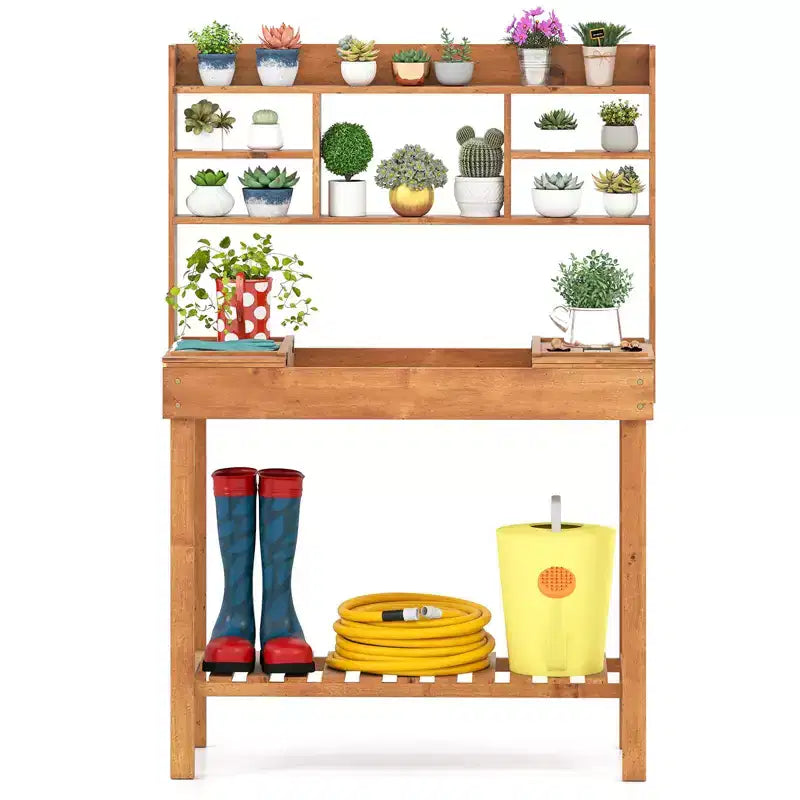 Costway Table de rempotage avec plateau rabattable, étagères de rangement pour patio, porche, balcon, brun/naturel