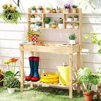 Costway Table de rempotage avec plateau rabattable, étagères de rangement pour patio, porche, balcon, brun/naturel