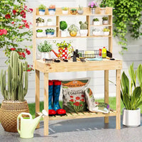 Costway Table de rempotage avec plateau rabattable, étagères de rangement pour patio, porche, balcon, brun/naturel