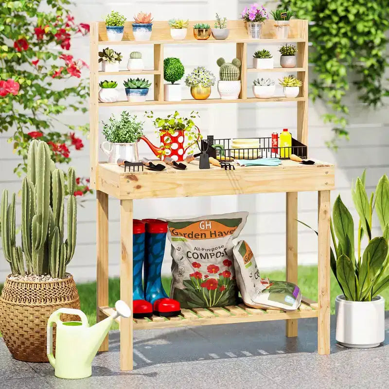 Costway Table de rempotage avec plateau rabattable, étagères de rangement pour patio, porche, balcon, brun/naturel
