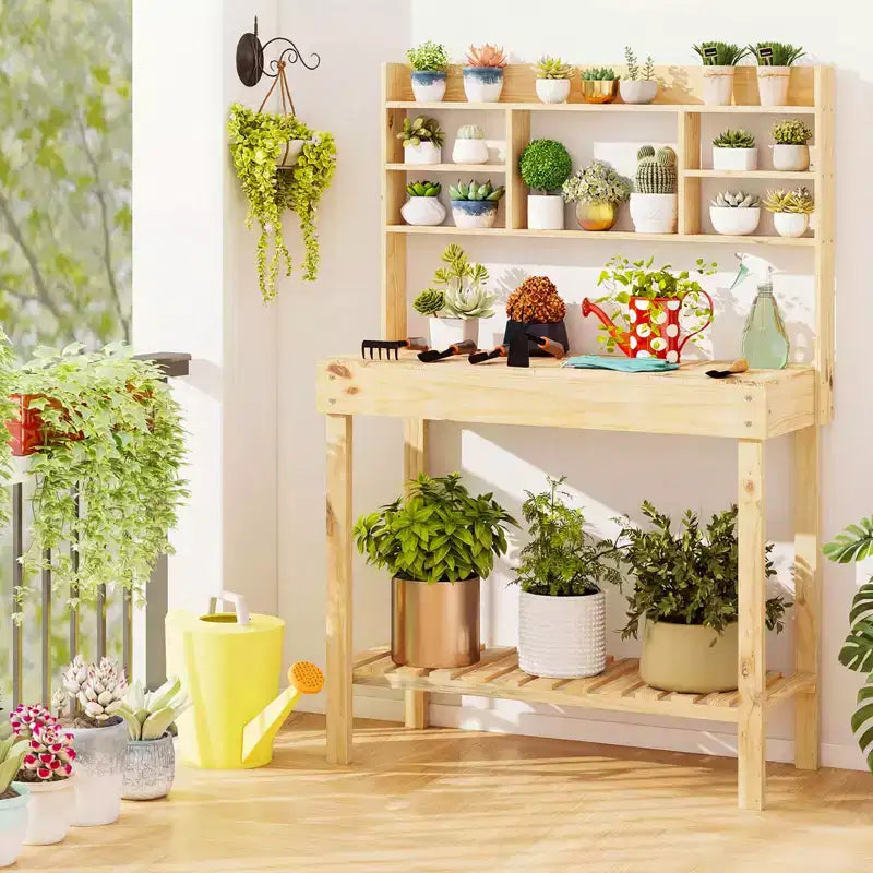 Costway Table de rempotage avec plateau rabattable, étagères de rangement pour patio, porche, balcon, brun/naturel