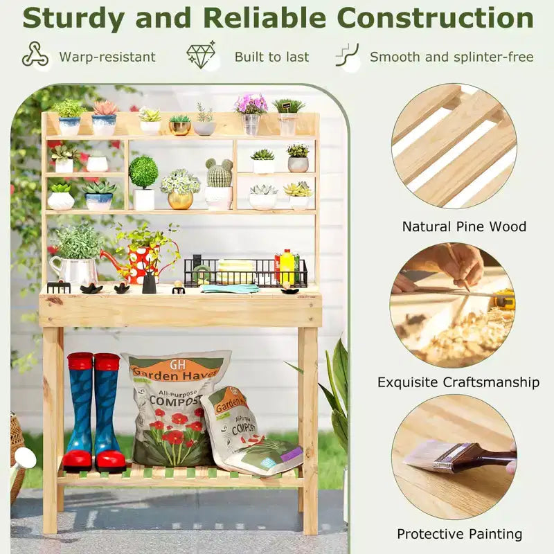 Costway Table de rempotage avec plateau rabattable, étagères de rangement pour patio, porche, balcon, brun/naturel