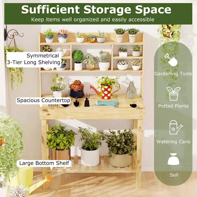 Costway Table de rempotage avec plateau rabattable, étagères de rangement pour patio, porche, balcon, brun/naturel