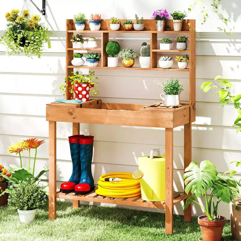 Costway Table de rempotage avec plateau rabattable, étagères de rangement pour patio, porche, balcon, brun/naturel
