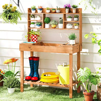 Costway Table de rempotage avec plateau rabattable, étagères de rangement pour patio, porche, balcon, brun/naturel