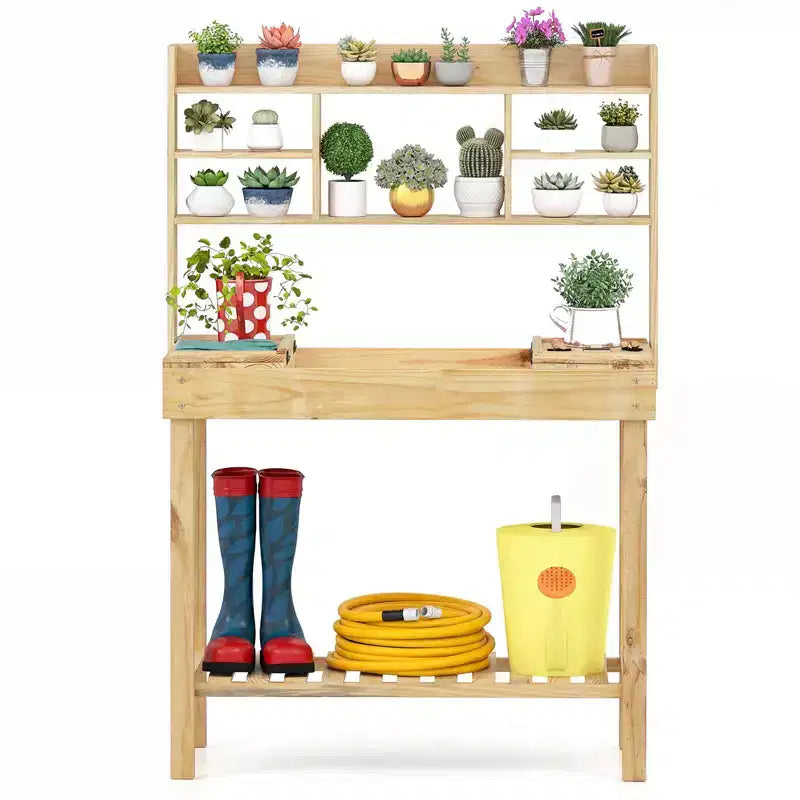 Costway Table de rempotage avec plateau rabattable, étagères de rangement pour patio, porche, balcon, brun/naturel