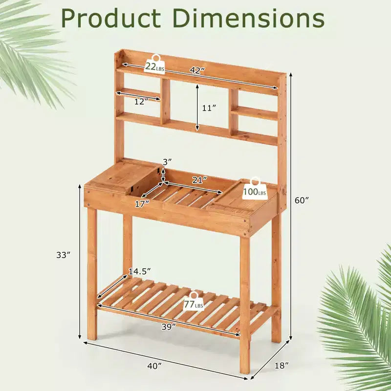 Costway Table de rempotage avec plateau rabattable, étagères de rangement pour patio, porche, balcon, brun/naturel