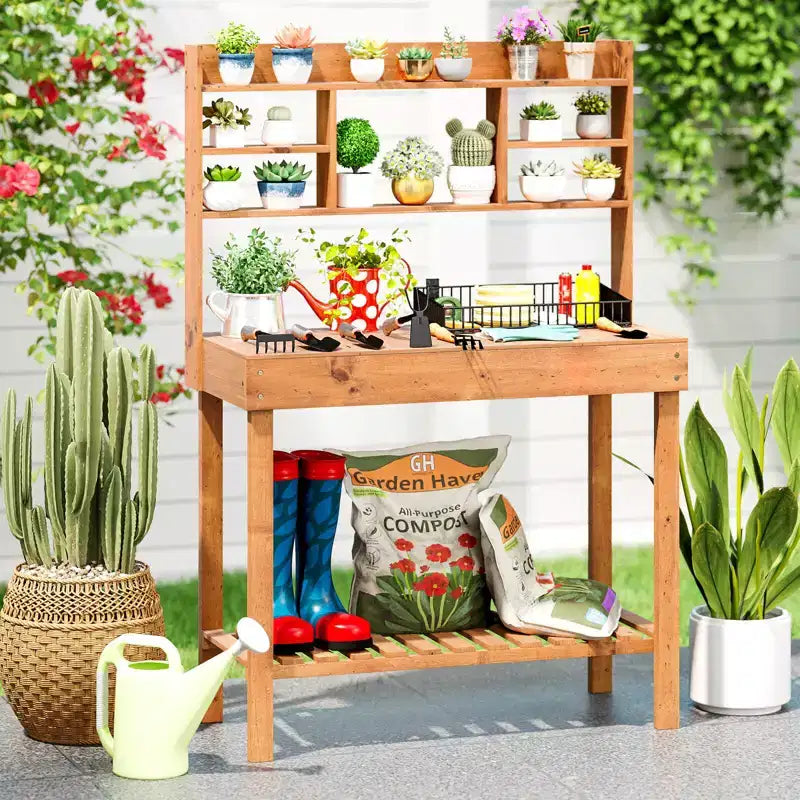 Costway Table de rempotage avec plateau rabattable, étagères de rangement pour patio, porche, balcon, brun/naturel