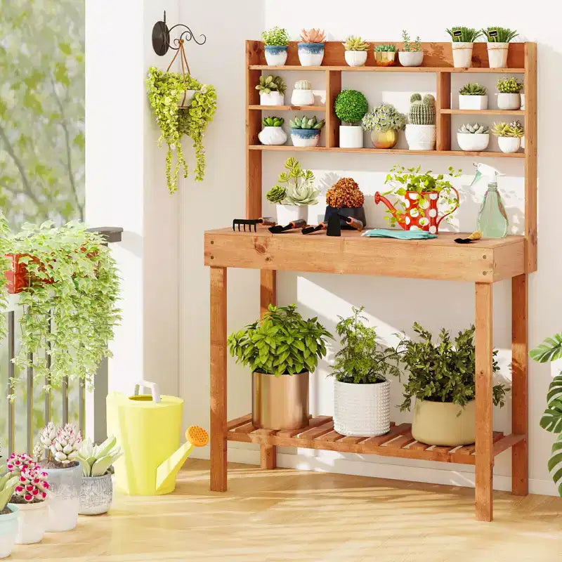 Costway Table de rempotage avec plateau rabattable, étagères de rangement pour patio, porche, balcon, brun/naturel