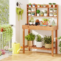 Costway Table de rempotage avec plateau rabattable, étagères de rangement pour patio, porche, balcon, brun/naturel