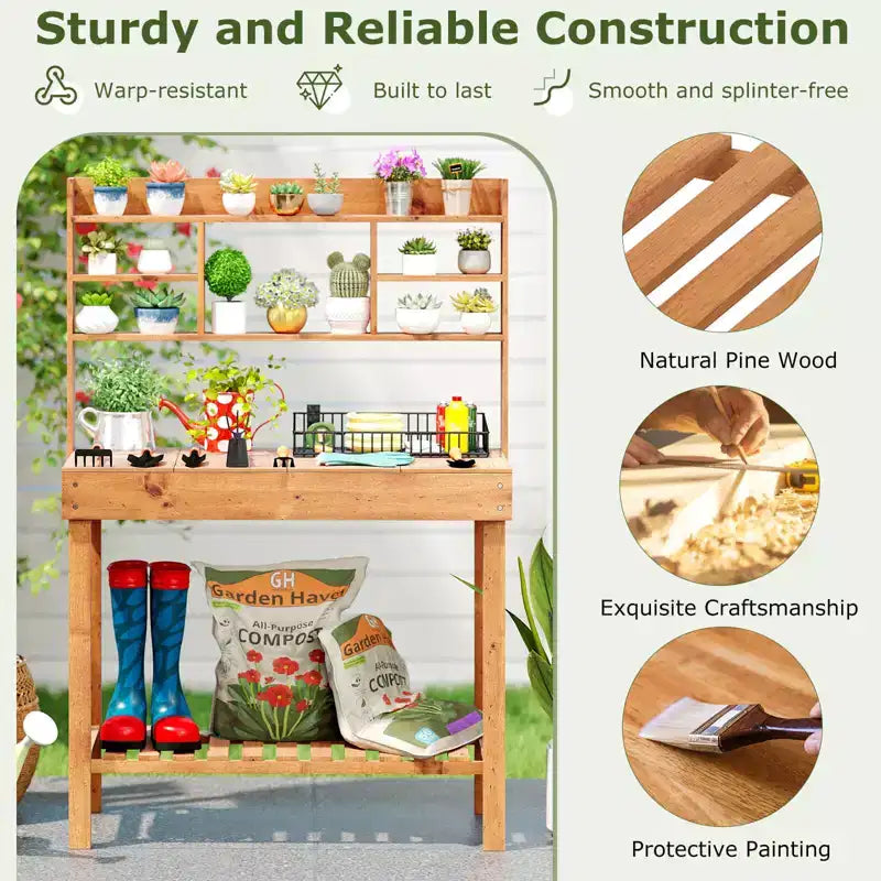 Costway Table de rempotage avec plateau rabattable, étagères de rangement pour patio, porche, balcon, brun/naturel