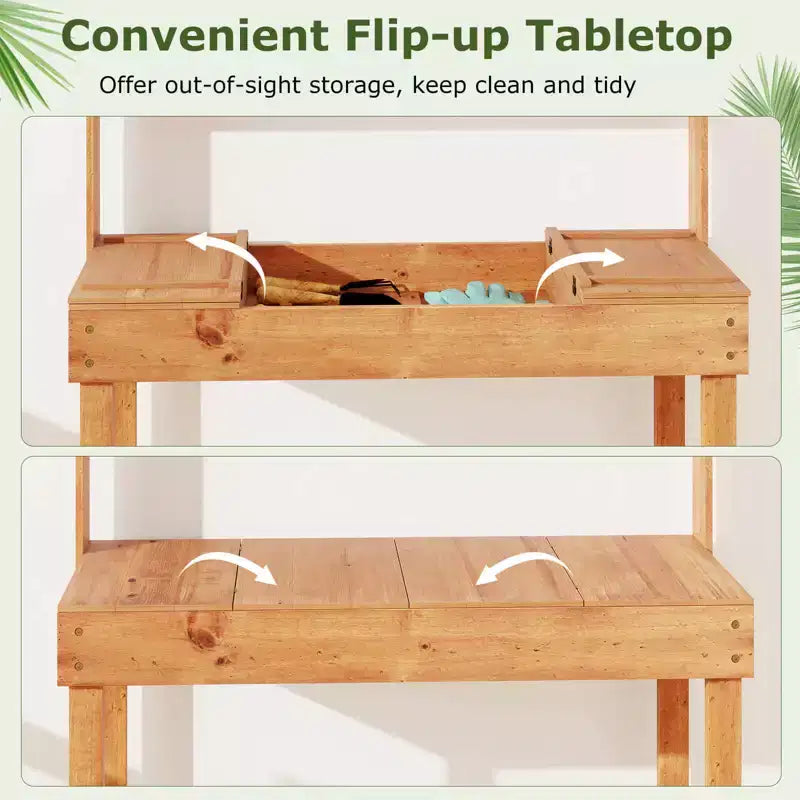 Costway Table de rempotage avec plateau rabattable, étagères de rangement pour patio, porche, balcon, brun/naturel