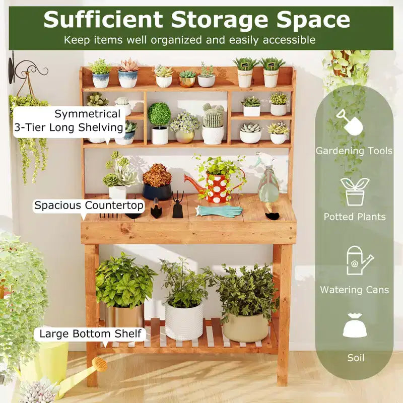 Costway Table de rempotage avec plateau rabattable, étagères de rangement pour patio, porche, balcon, brun/naturel