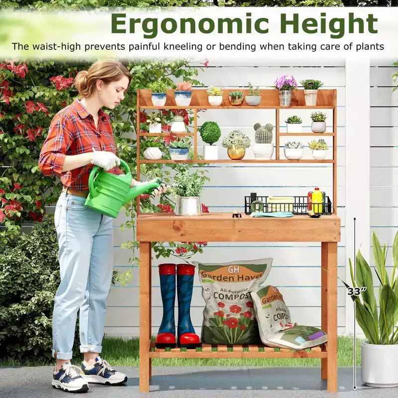 Costway Table de rempotage avec plateau rabattable, étagères de rangement pour patio, porche, balcon, brun/naturel
