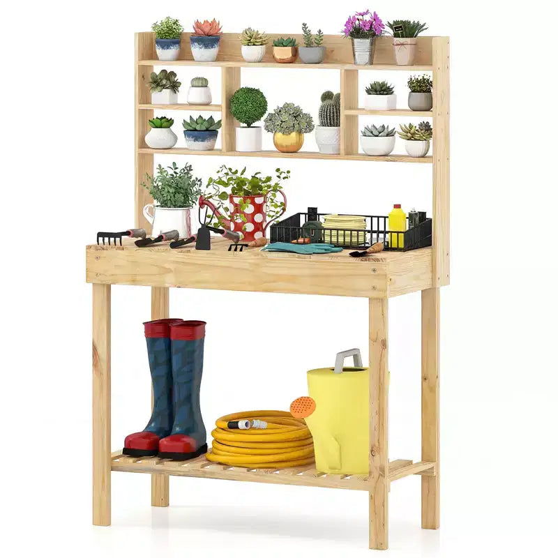 Costway Table de rempotage avec plateau rabattable, étagères de rangement pour patio, porche, balcon, brun/naturel