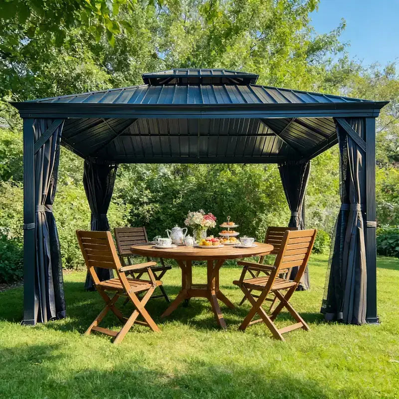 Clihome Gazebo à toit rigide 12'x14', cadre en aluminium, double toit, protection UV, rideaux et moustiquaire, gazebo permanent de patio extérieur
