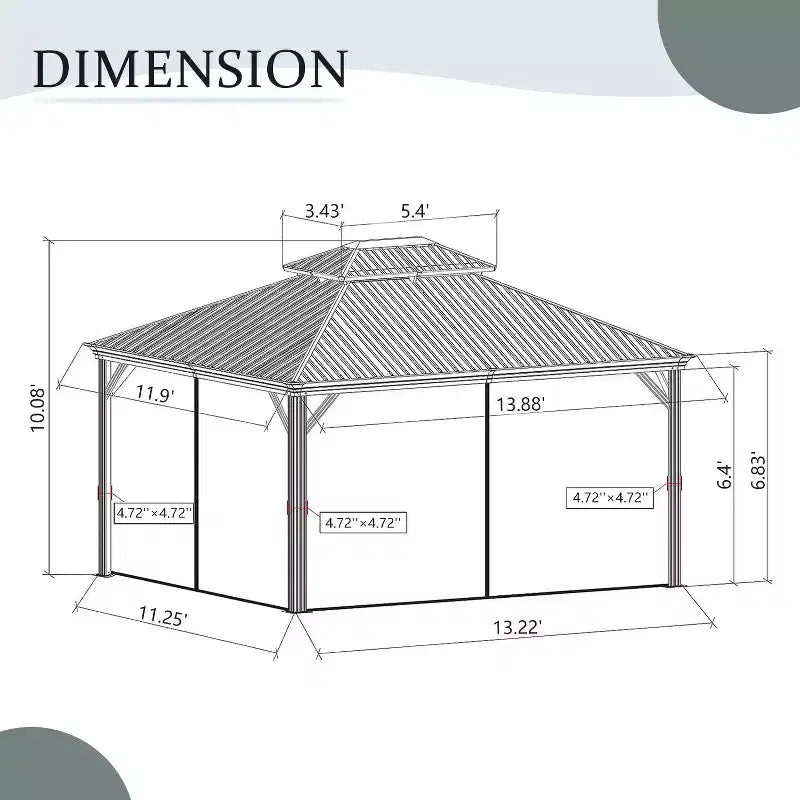 Clihome Gazebo à toit rigide 12'x14', cadre en aluminium, double toit, protection UV, rideaux et moustiquaire, gazebo permanent de patio extérieur