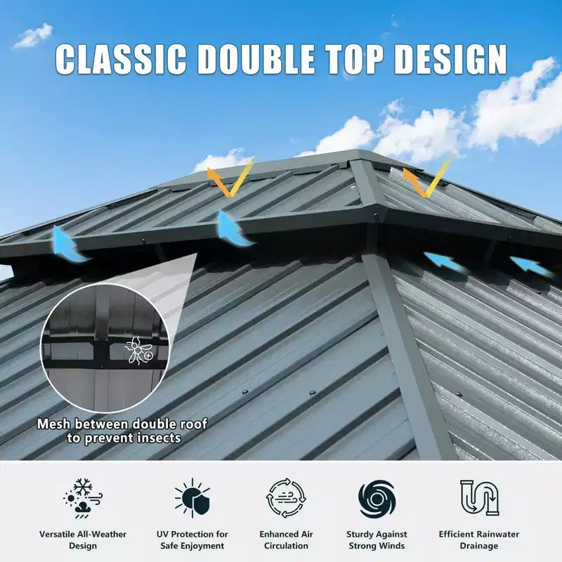 Clihome Gazebo à toit rigide 12'x14', cadre en aluminium, double toit, protection UV, rideaux et moustiquaire, gazebo permanent de patio extérieur