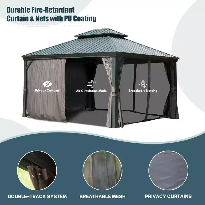 Clihome Gazebo à toit rigide 12'x14', cadre en aluminium, double toit, protection UV, rideaux et moustiquaire, gazebo permanent de patio extérieur