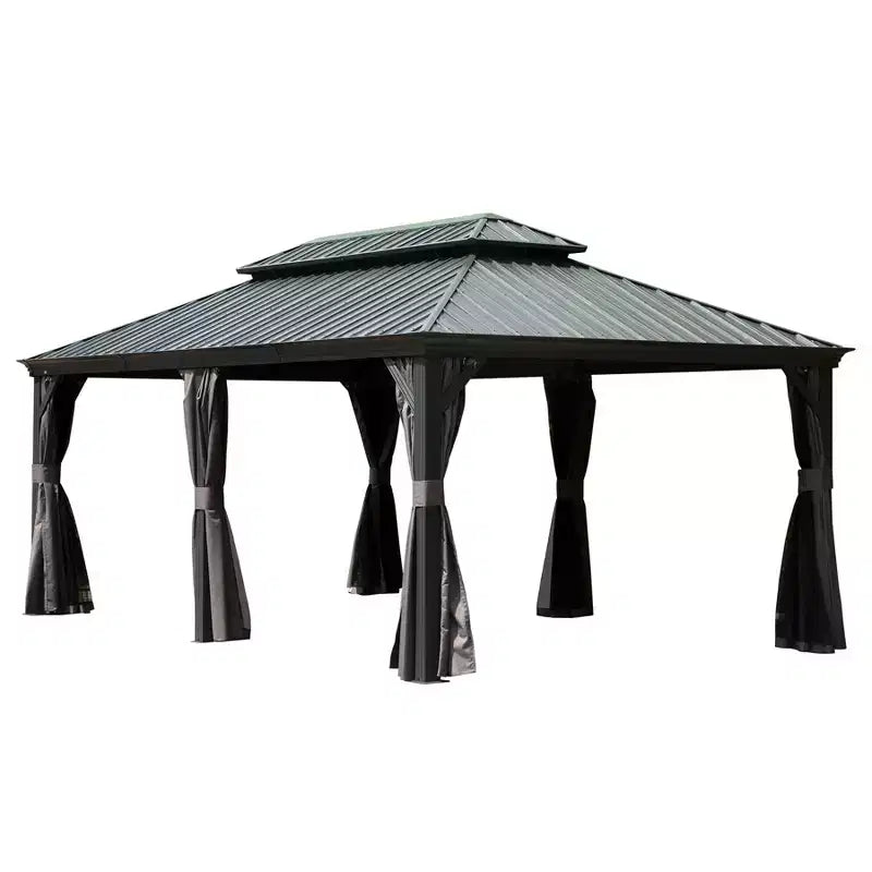 Tonnelle à toit rigide Clihome 12'x 20' grise - Cadre en aluminium double toit avec rideaux et moustiquaires