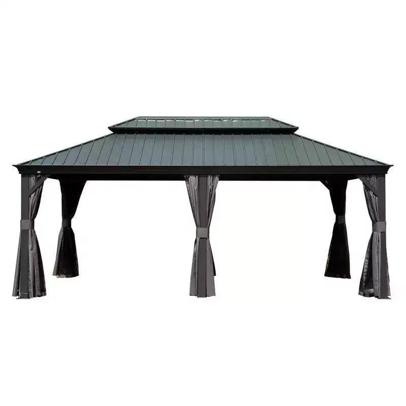 Tonnelle à toit rigide Clihome 12'x 20' grise - Cadre en aluminium double toit avec rideaux et moustiquaires