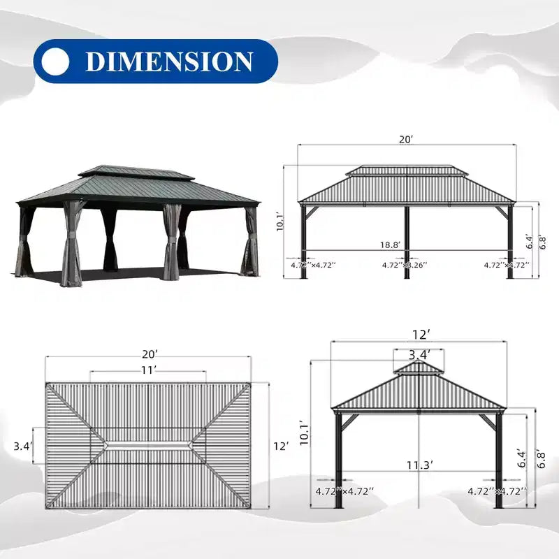 Tonnelle à toit rigide Clihome 12'x 20' grise - Cadre en aluminium double toit avec rideaux et moustiquaires