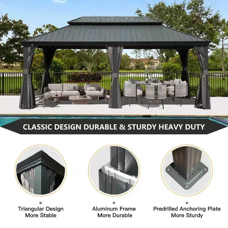 Tonnelle à toit rigide Clihome 12'x 20' grise - Cadre en aluminium double toit avec rideaux et moustiquaires
