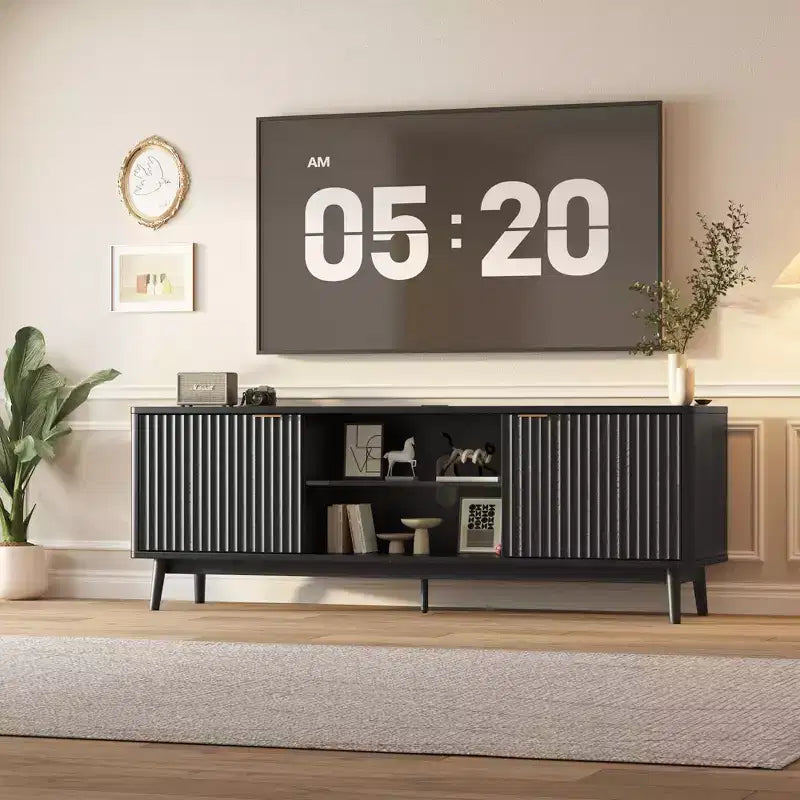 Meuble TV noir moderne, étagère réglable et meuble de rangement à 2 portes, meuble de divertissement pour salon ou chambre à coucher