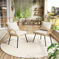 Lot de 2 chaises bohèmes en rotin, chaises de patio en osier tout temps avec coussins épais et oreillers pour piscine, patio, balcon, véranda, jardin et salon intérieur