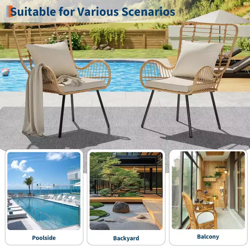Lot de 2 chaises bohèmes en rotin, chaises de patio en osier tout temps avec coussins épais et oreillers pour piscine, patio, balcon, véranda, jardin et salon intérieur