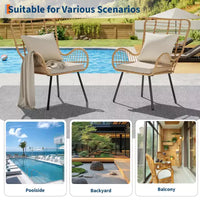 Lot de 2 chaises bohèmes en rotin, chaises de patio en osier tout temps avec coussins épais et oreillers pour piscine, patio, balcon, véranda, jardin et salon intérieur