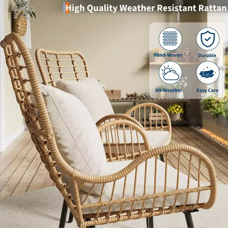 Lot de 2 chaises bohèmes en rotin, chaises de patio en osier tout temps avec coussins épais et oreillers pour piscine, patio, balcon, véranda, jardin et salon intérieur