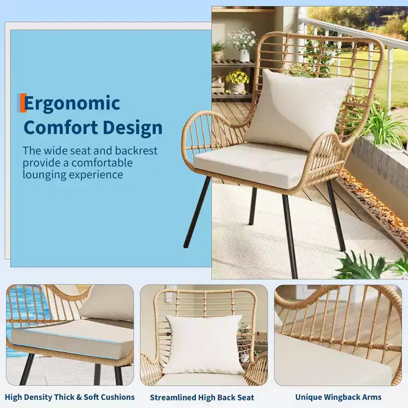 Lot de 2 chaises bohèmes en rotin, chaises de patio en osier tout temps avec coussins épais et oreillers pour piscine, patio, balcon, véranda, jardin et salon intérieur