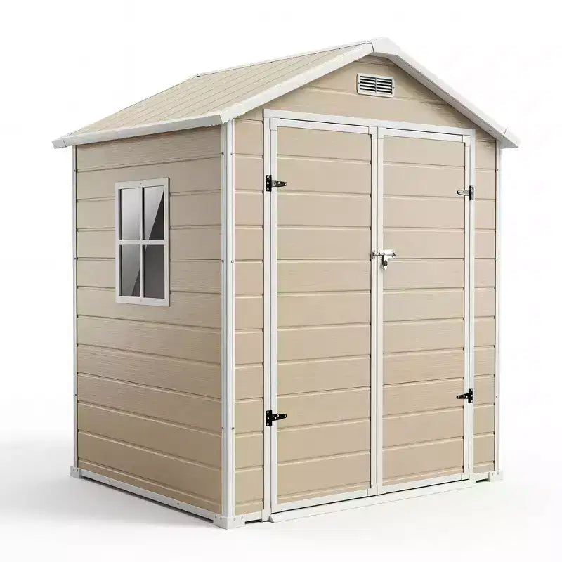Abri de rangement extérieur en résine 6x4 pieds couleur bois naturel avec plancher, fenêtre, porte verrouillable, 2 aérations et toit en pente pour patio, jardin et rangement d'outils